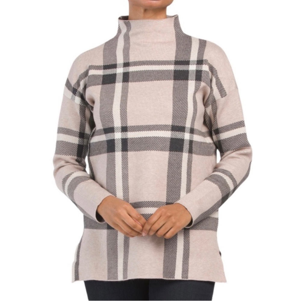 Max Studio bold PLAID knit tunic sweater FUNNEL neck tan black relaxed fit Med